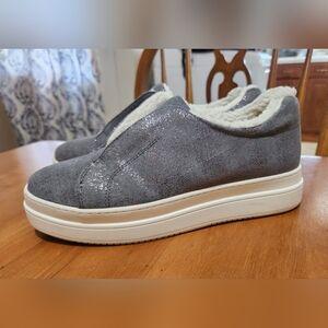 J/Slides Nada Pewter Metallic Suede Slip On Platform Shoes Faux Shearling Suede